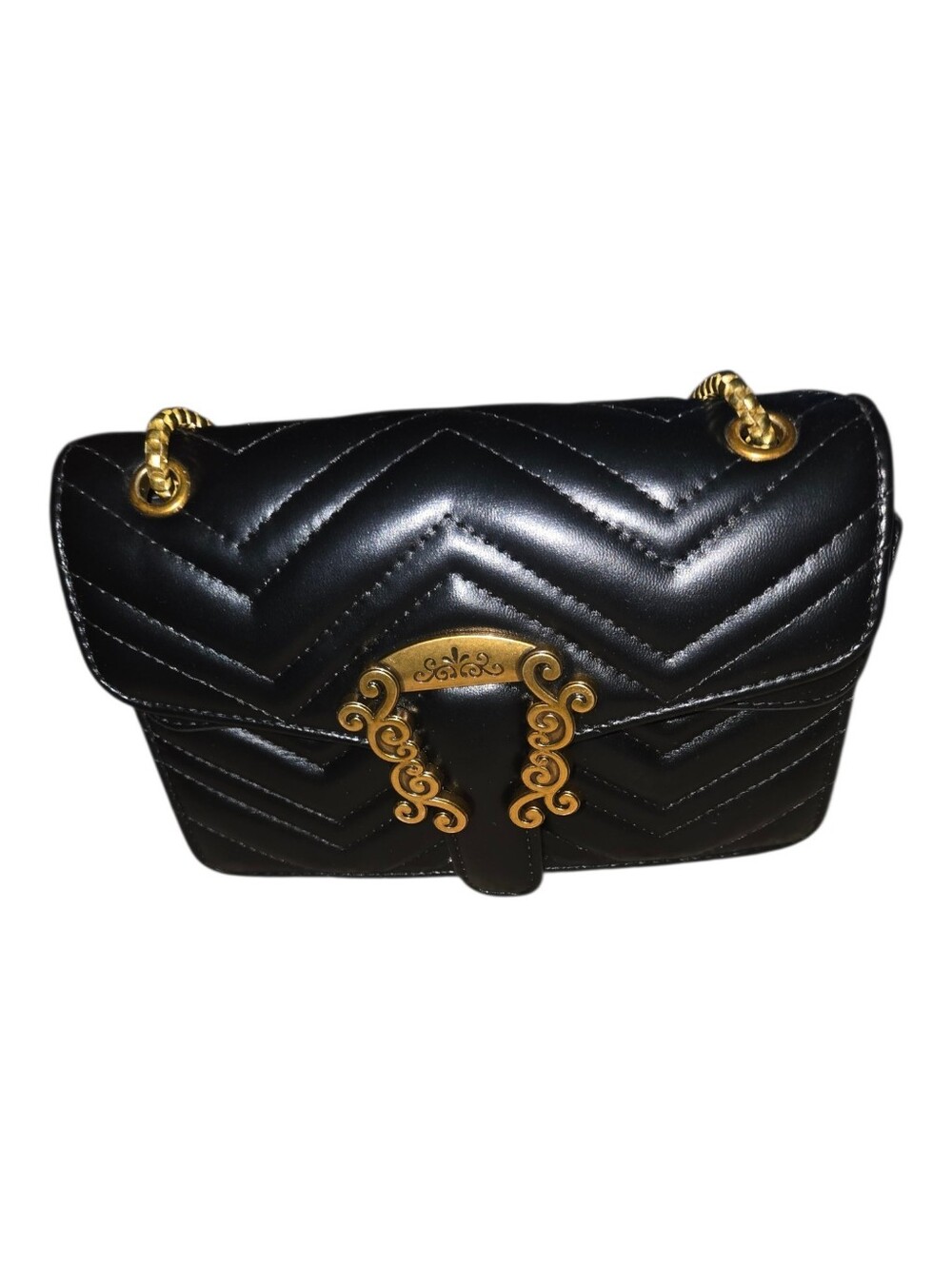 Black Quilted Shoulder Bag with Gold Hardware. Bag20